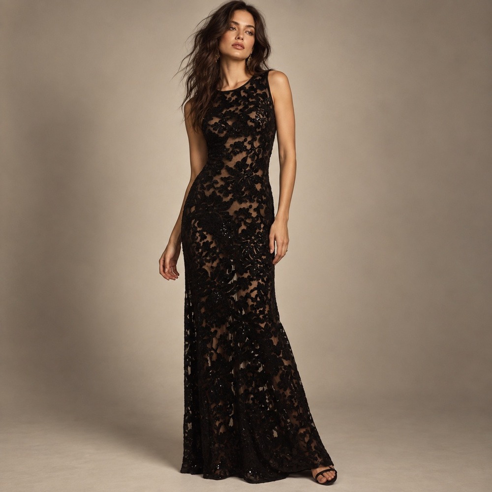 Sheer Lace Gown Women M Black Sequin Formal Maxi Dress Whimsigoth Romantic Vamp